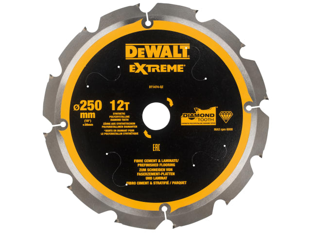DEWDT1474QZ Extreme PCD Fibre Cement Saw Blade 250 x 30mm x 12T