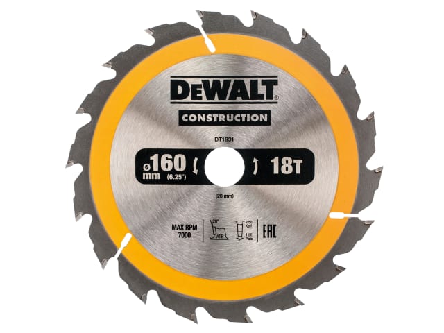DEWDT1931QZ Portable Construction Circular Saw Blade 160 x 20mm x 18T