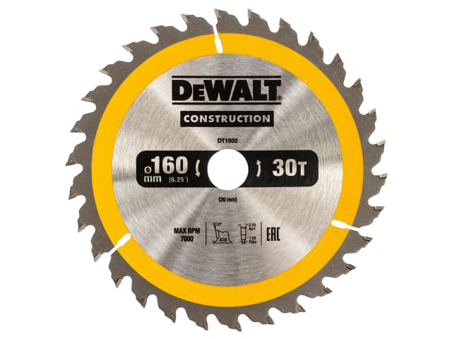 DEWDT1932QZ Portable Construction Circular Saw Blade 160 x 20mm x 30T
