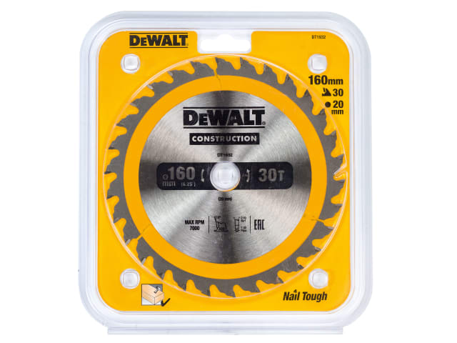 DEWDT1932QZ Portable Construction Circular Saw Blade 160 x 20mm x 30T