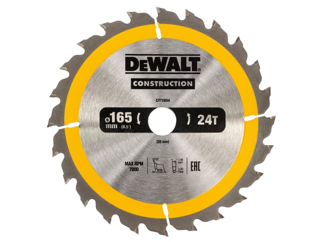 DEWDT1934QZ Portable Construction Circular Saw Blade 165 x 20mm x 24T