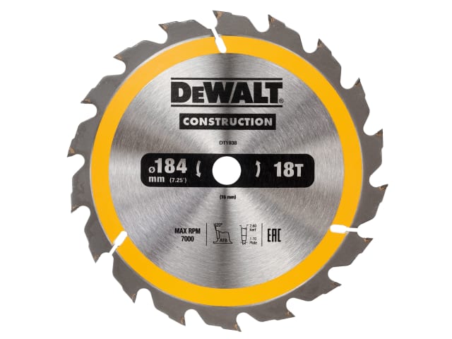 DEWDT1938QZ Portable Construction Circular Saw Blade 184 x 16mm x 18T