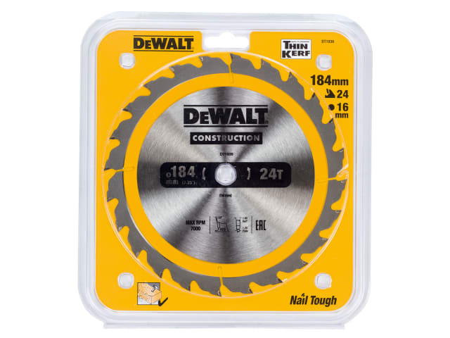DEWDT1939QZ Portable Construction Circular Saw Blade 184 x 16mm x 24T