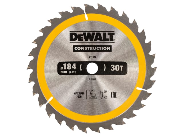 DEWDT1940QZ Portable Construction Circular Saw Blade 184 x 16mm x 30T