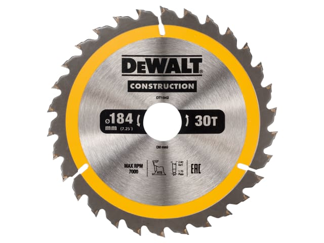 DEWDT1942QZ Portable Construction Circular Saw Blade 184 x 30mm x 30T