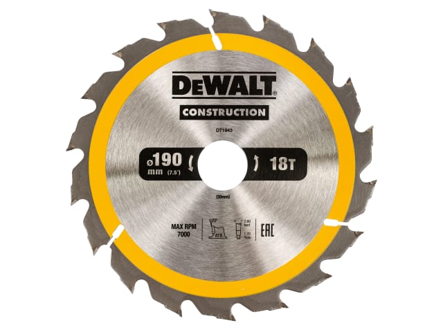 DEWDT1943QZ Portable Construction Circular Saw Blade 190 x 30mm x 18T