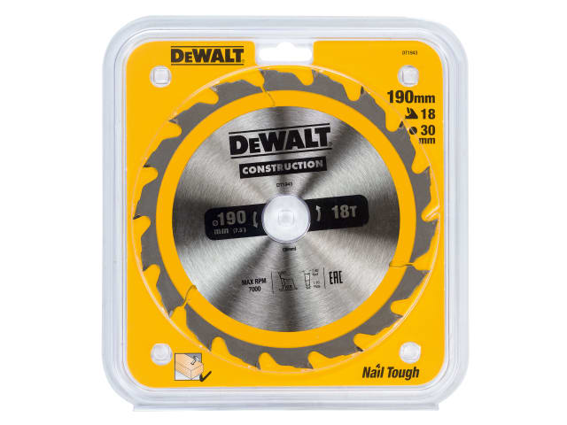 DEWDT1943QZ Portable Construction Circular Saw Blade 190 x 30mm x 18T