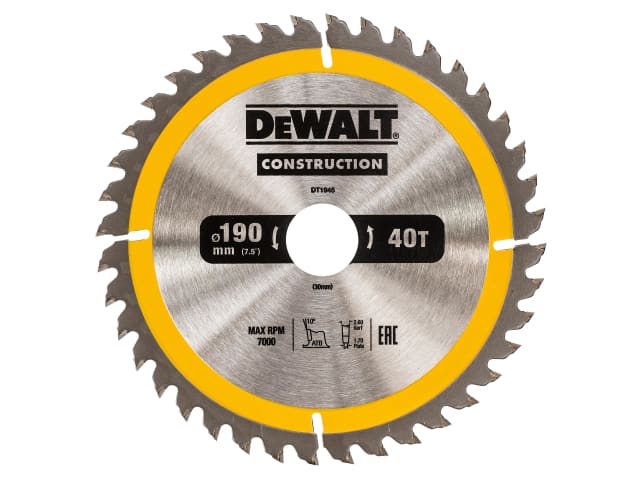 DEWDT1945QZ Portable Construction Circular Saw Blade 190 x 30mm x 40T