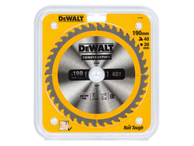 DEWDT1945QZ Portable Construction Circular Saw Blade 190 x 30mm x 40T