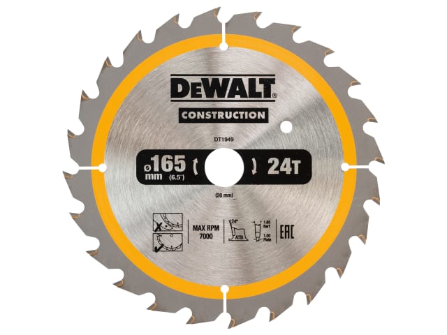 DEWDT1949QZ Cordless Construction Trim Saw Blade 165 x 20mm x 24T