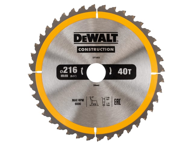 DEWDT1953QZ Stationary Construction Circular Saw Blade 216 x 30mm x 40T ATB/Neg