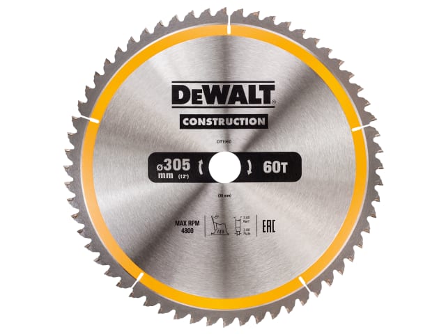 DEWDT1960QZ Stationary Construction Circular Saw Blade 305 x 30mm x 60T ATB/Neg