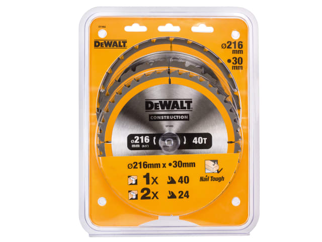 DEWDT1962QZ DT1962 Construction Circular Saw Blade 3 Pack 216 x 30mm 2 x 24T 1 x 40T