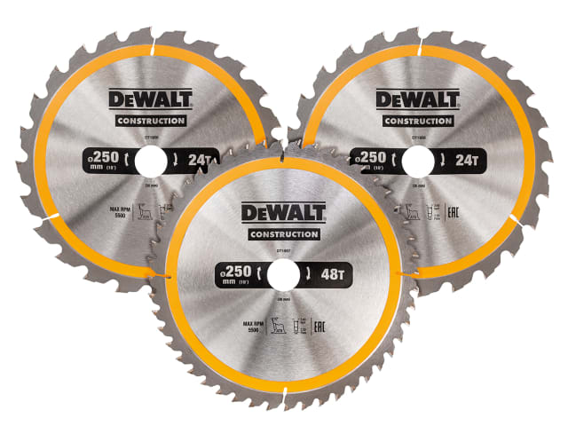 DEWDT1963QZ DT1963 Construction Circular Saw Blade 3 Pack 250 x 30mm x 24T/48T