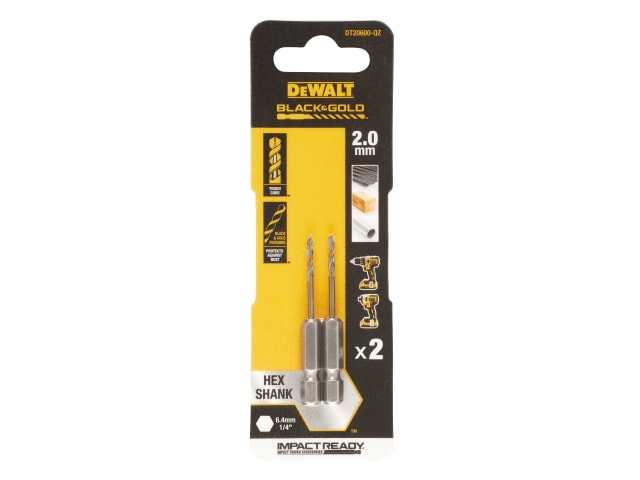 DEWDT20600QZ BLACK&GOLD Hex HSS-G Drill Bits (2) 2.0mm
