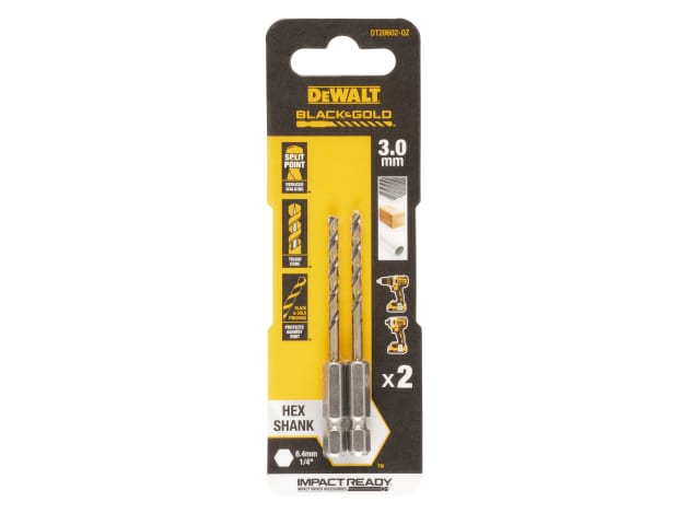 DEWDT20602QZ BLACK&GOLD Hex HSS-G Drill Bits (2) 3.0mm