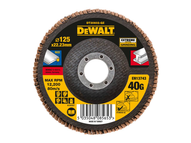 DEWDT30602QZ DT30602 Extreme Metal Flap Disc 125 x 22.2mm x 40G