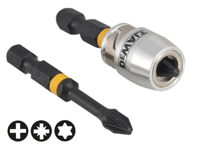 DEWDT70535T Impact Torsion Bits PZ2 x 50mm (x2) and Magnetic Screwlock Sleeve