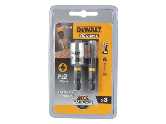 DEWDT70535T Impact Torsion Bits PZ2 x 50mm (x2) and Magnetic Screwlock Sleeve
