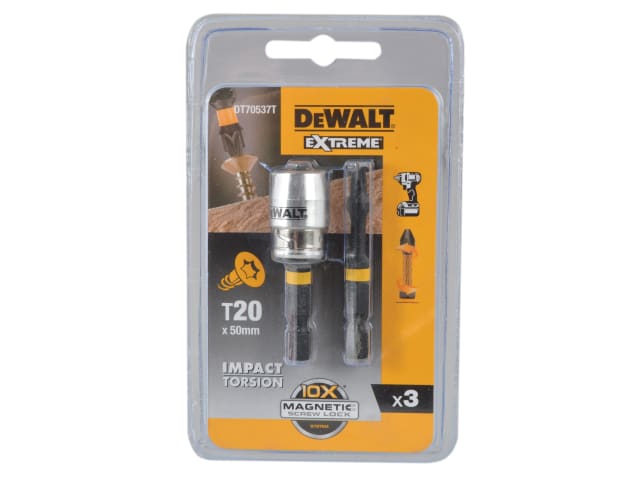 DEWDT70537T Impact Torsion Bits TX0 x 50mm (x2) and Magnetic Screwlock Sleeve