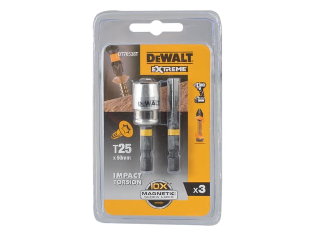 DEWDT70538T Impact Torsion Bits TX25 x  50mm (x2) and Magnetic Screwlock Sleeve