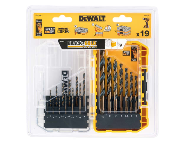 DEWDT70728QZ DT70728 BLACK&GOLD HSS Drill Set, 19 Piece