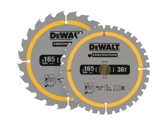 DEWDT90270QZ DT90270 Construction Circular Saw Blade 2 Pack 165 x 20mm x 24T/36T