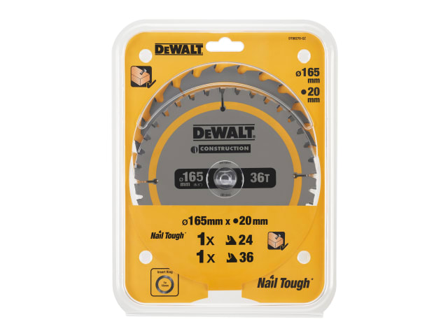 DEWDT90270QZ DT90270 Construction Circular Saw Blade 2 Pack 165 x 20mm x 24T/36T