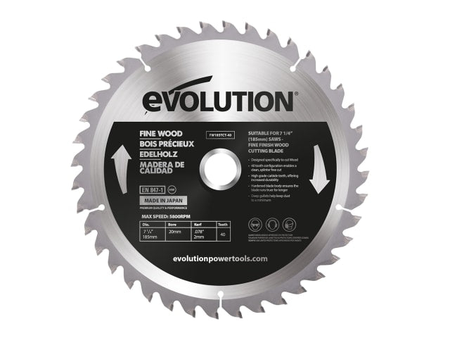 EVLFW185TC40 Fine Wood Mitre/Table Saw Blade 185 x 20mm x 40T