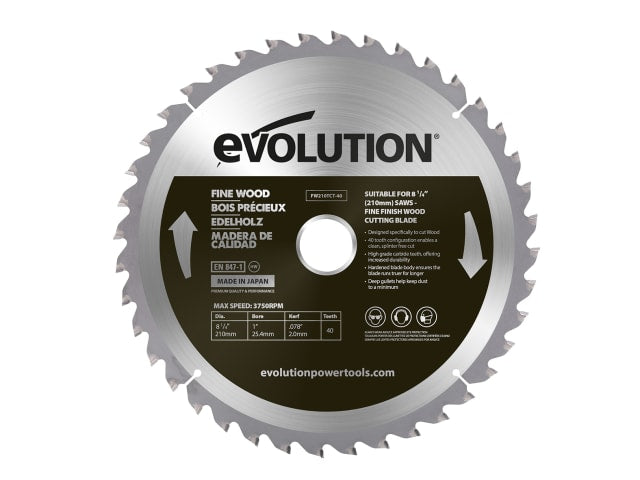 EVLFW210TC40 Fine Wood Mitre/Table Saw Blade 210 x 25.4mm x 40T