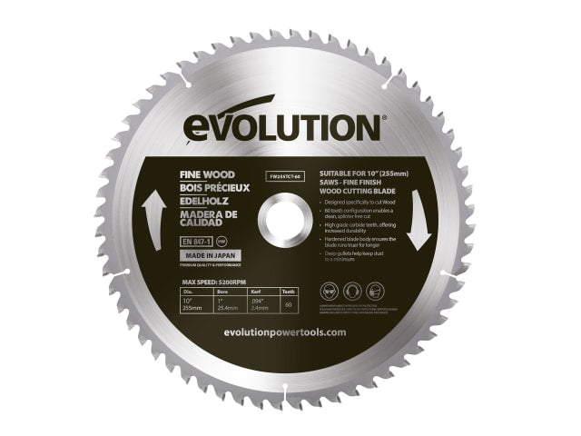 EVLFW255TC60 Fine Wood Mitre/Table Saw Blade 255 x 25.4mm x 60T