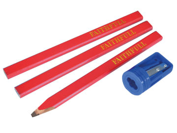 FAICPSHARP Carpenters' Pencils Red (Pack 3 + Sharpener)