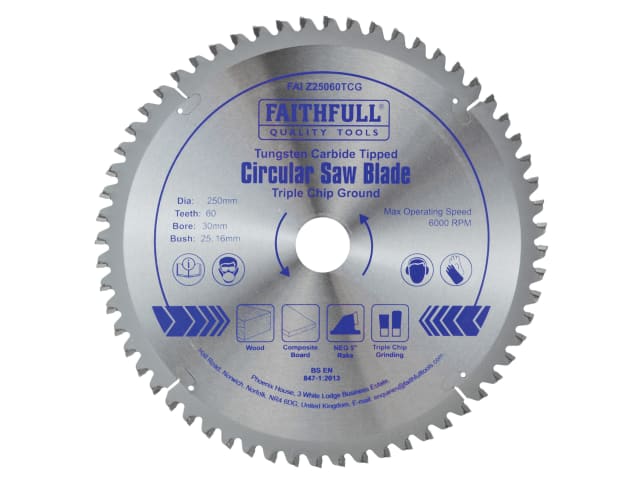 FAIZ25060TCG TCT Circular Saw Blade Triple Chip Ground 250 x 30mm x 60T NEG