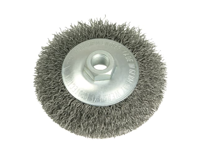 LES422177 Conical Bevel Brush 100mm x M14 Bore, 0.35 Steel Wire