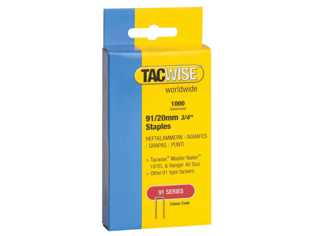 TAC0284 91 Narrow Crown Staples 20mm - Electric Tackers (Pack 1000)