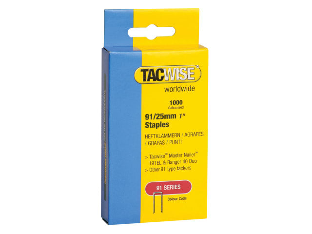 TAC0285 91 Narrow Crown Staples 25mm - Electric Tackers (Pack 1000)