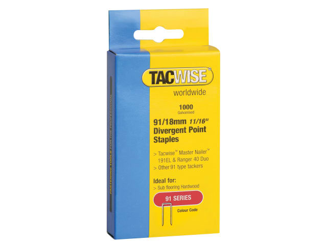 TAC0287 91 Narrow Crown Divergent Point Staples 18mm - Electric Tackers (Pack 1000)