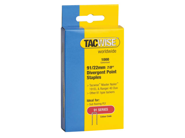 TAC0288 91 Narrow Crown Divergent Point Staples 22mm - Electric Tackers (Pack 1000)