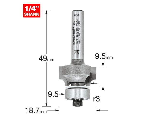 TRE4611814TC 46/118 x 1/4 TCT Bearing Guided Ovolo & Round Over 3mm Radius