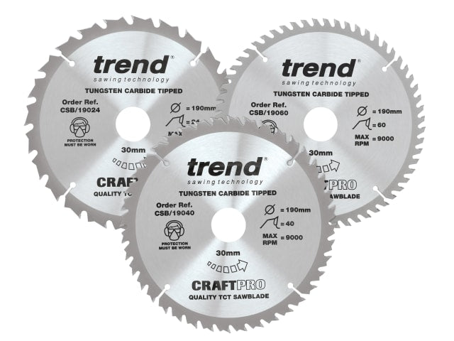 TRECSB190P3 CraftPro Saw Blade 190 x 30mm x 24T/40T/60T (Pack 3)