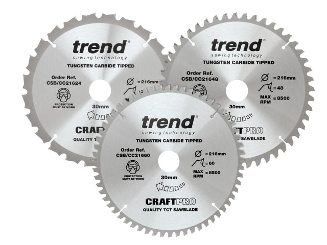 TRECSB216P3 CraftPro Mitre Saw Blade 216 x 30mm x 24T/48T/60T (Pack 3)