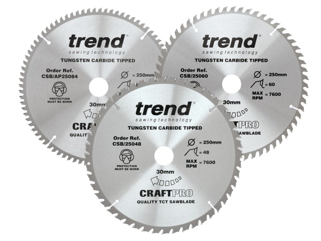 TRECSB250P3 CraftPro Table Saw Blade 250 x 30mm x 48T/60T/84T (Pack 3)