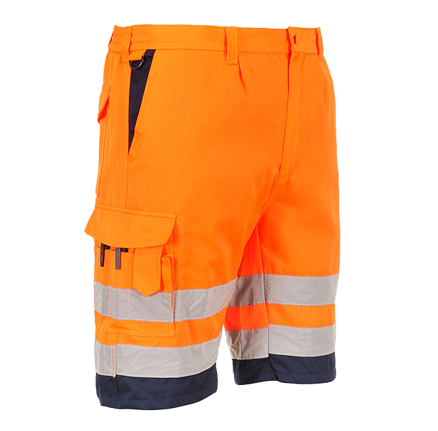 Pantalón corto de polialgodón de alta visibilidad E043 Naranja/Azul marino