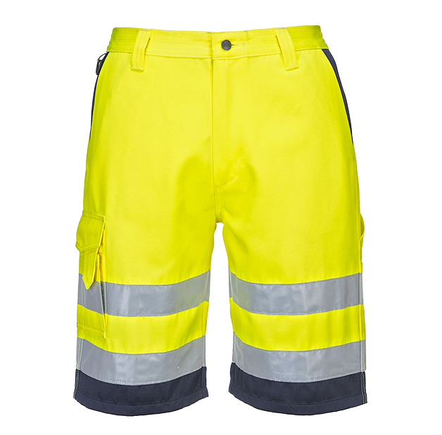 Pantalón corto de polialgodón de alta visibilidad E043 Amarillo/Azul marino