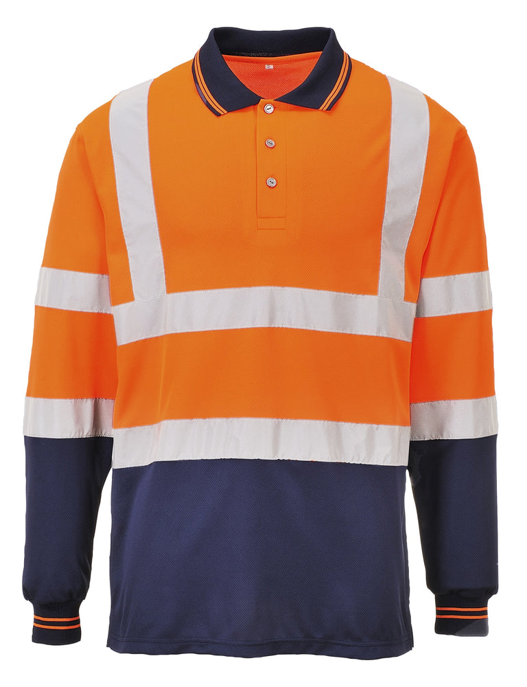 Two Tone Long Sleeve Hi-Vis Polo Shirt Orange/Navy S279OR