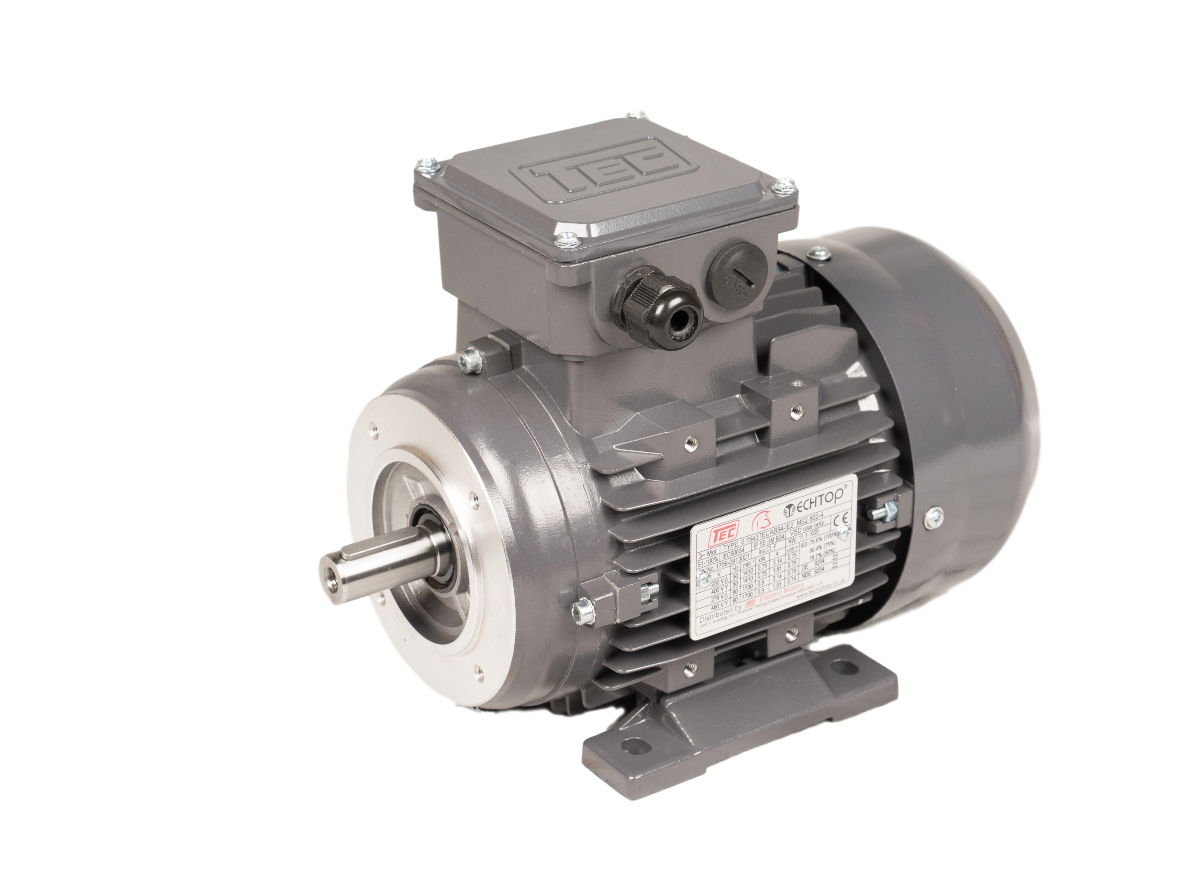 0.7523TECAB34-IE2-BM TEC 3 Phase Electric Motor 0.75kW, 2 Pole, 230/400V 50Hz, Foot and Face Mounted Brake B34, 80 Frame