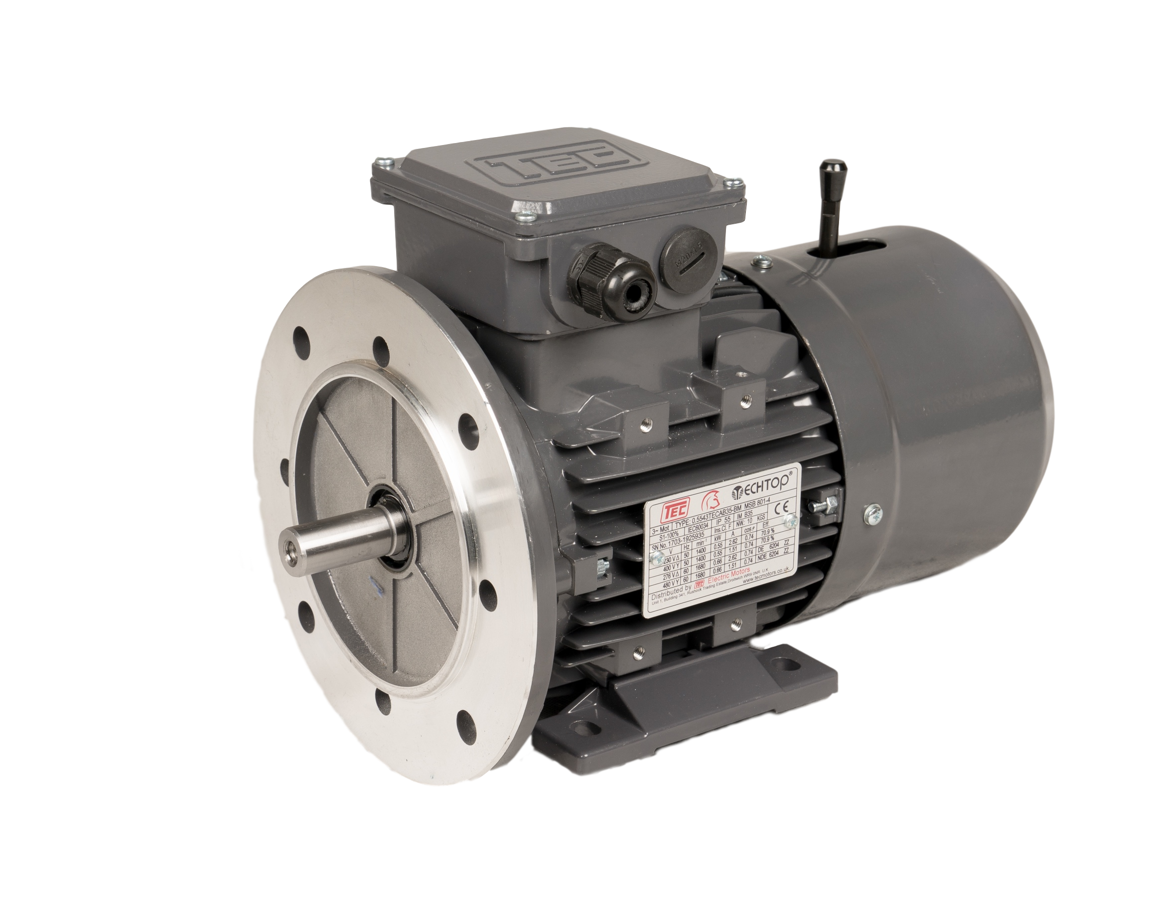 0.7543TECAB35R-IE2-BM TEC 3 Phase Electric Motor 0.75kW, 4 Pole, 230/400V 50Hz, Foot and Reduced Flange Mounted Brake B35R, 80 Frame